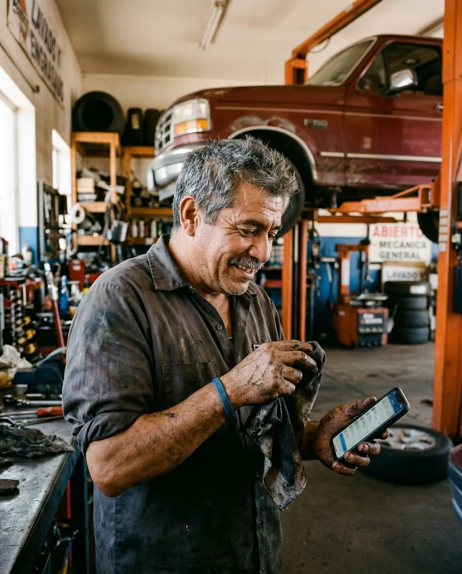 Dueño latino de un taller mecánico en Phoenix revisando su teléfono