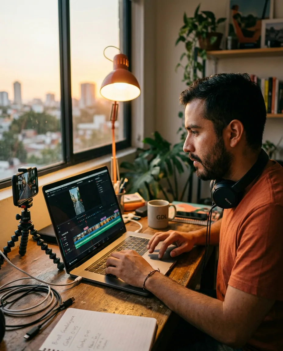 Editor de vídeo latino editando un vídeo vertical en su portátil