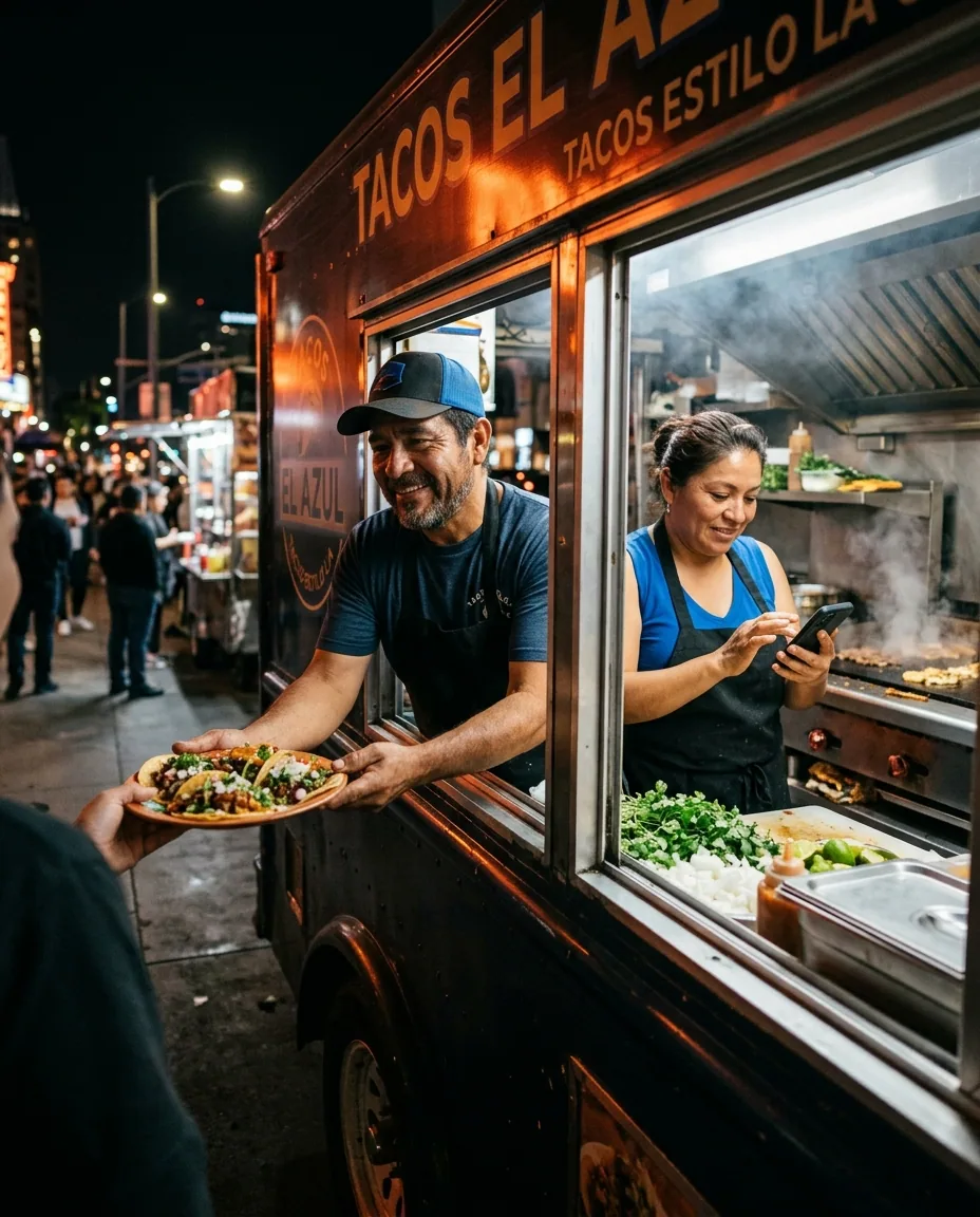 Pareja latina sirviendo tacos desde su food truck en Los Ángeles